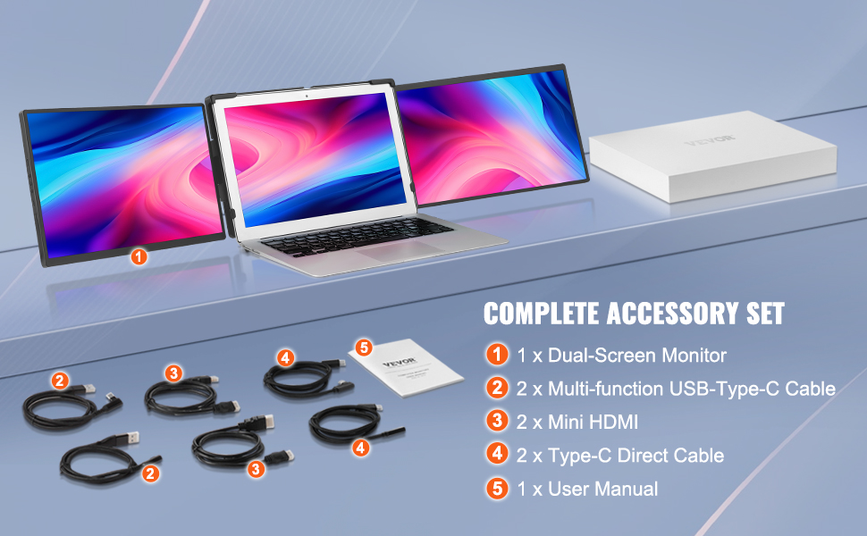 VEVOR laptop screen extender with dual-screen monitors, usb-type-c cables, mini hdmi, and user manual.