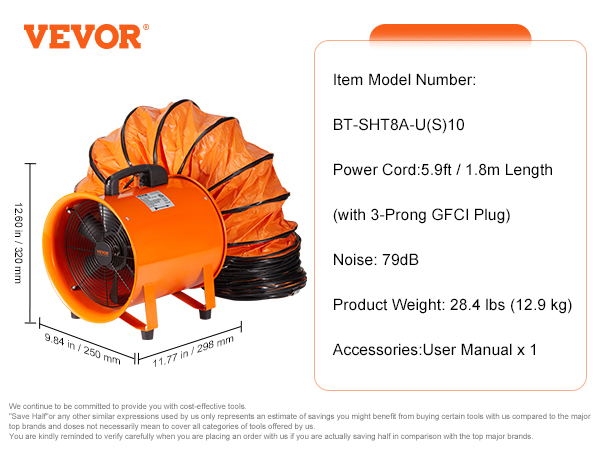 VEVOR portable ventilator with 5.9ft power cord, 79db noise, 28.4 lbs weight, and user manual included.