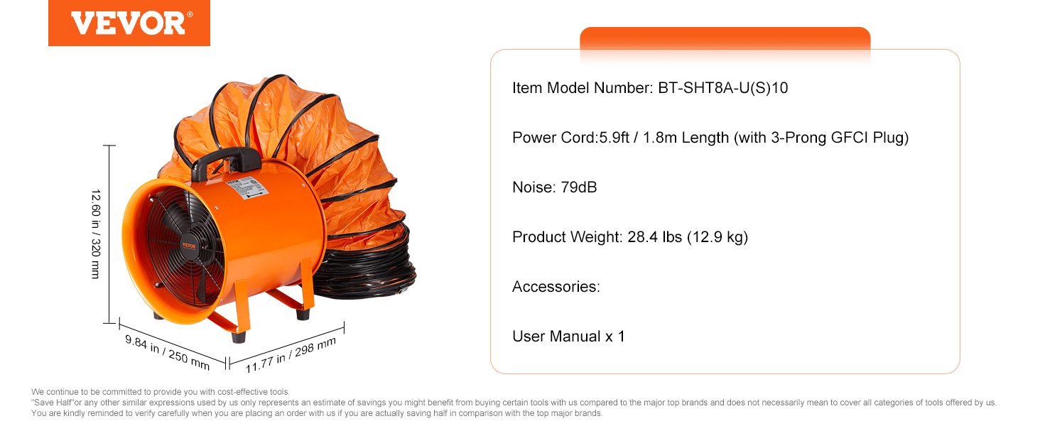 VEVOR portable ventilator with 5.9ft power cord, 79db noise, 28.4 lbs weight, and user manual included.