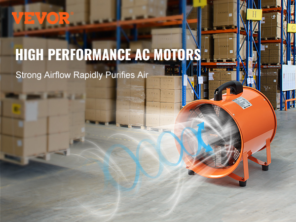 VEVOR portable ventilator in warehouse with strong airflow purifying air amidst stacked boxes.
