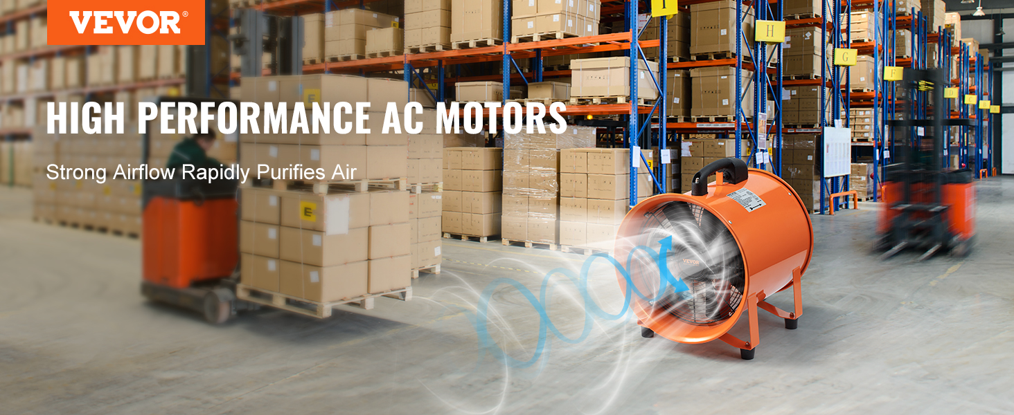 VEVOR portable ventilator in warehouse with strong airflow purifying air amidst stacked boxes.