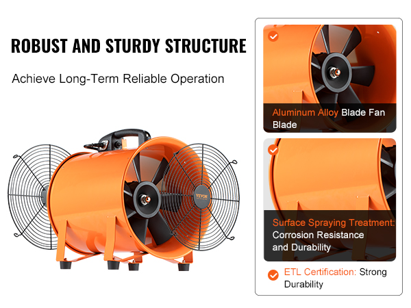 VEVOR portable ventilator with aluminum alloy blade, etl certification, and corrosion-resistant surface.