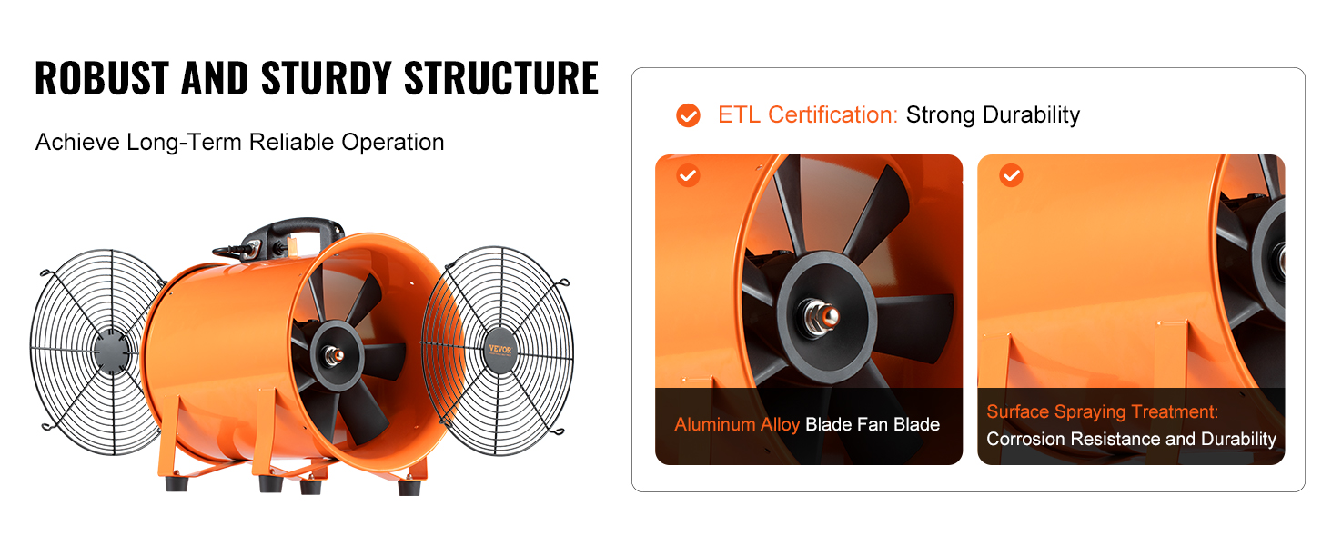 VEVOR portable ventilator with aluminum alloy blade, etl certification, and corrosion-resistant surface.