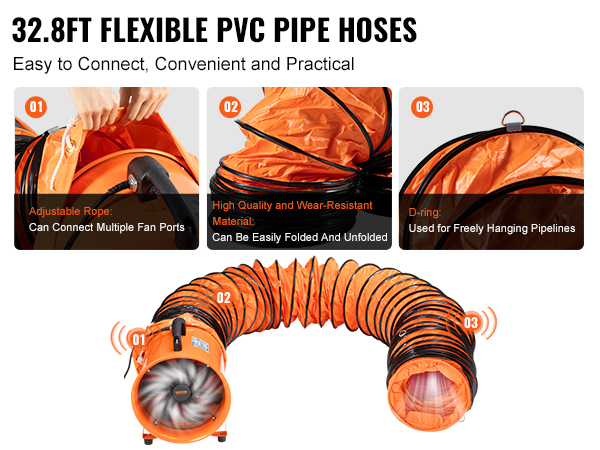 flexible 32.8ft pvc pipe hoses with VEVOR portable ventilator, featuring adjustable rope and d-ring.