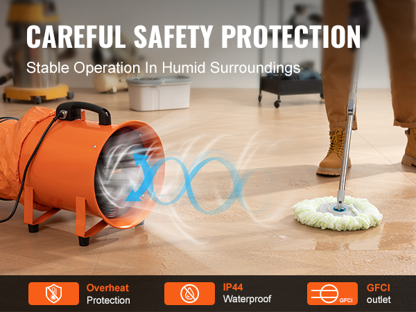 VEVOR portable ventilator with overheat protection, ip44 waterproof rating, and gfci outlet in use.