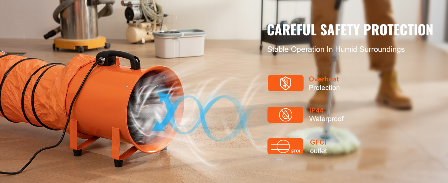 VEVOR portable ventilator with overheat protection, ip44 waterproof rating, and gfci outlet in use.