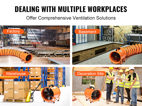 VEVOR portable ventilator used in factory, basement, warehouse, and decoration site for ventilation.