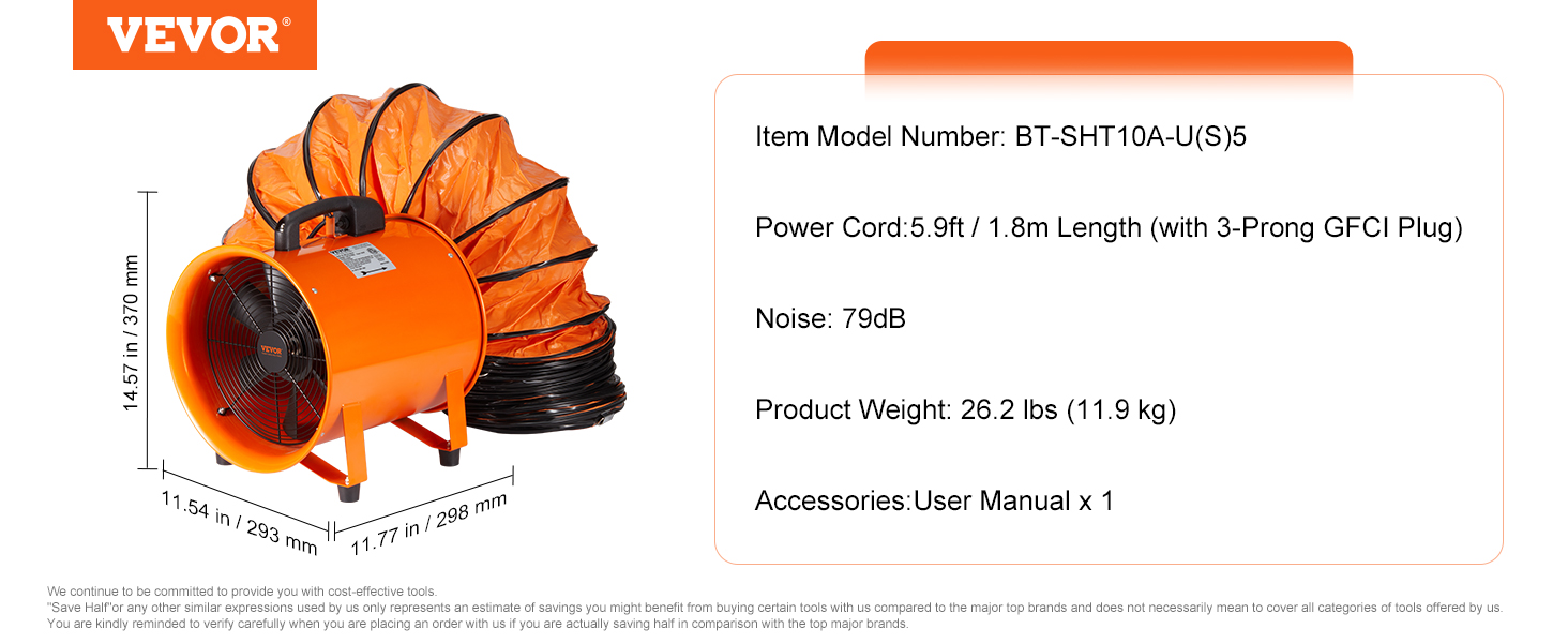 VEVOR portable ventilator with 5.9ft power cord, 79db noise level, and 26.2 lbs weight in orange.