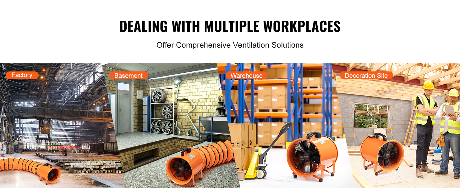 VEVOR portable ventilator used in factory, basement, warehouse, and construction site for ventilation solutions.