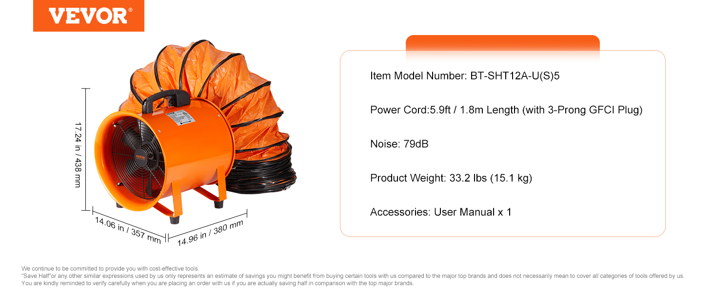 VEVOR portable ventilator, 79db noise, 5.9ft power cord with gfci plug, 33.2 lbs, user manual included.