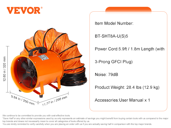 VEVOR portable ventilator with a 5.9ft power cord, 79db noise, and 28.4 lbs weight. model: bt-sht8a-u(s)5