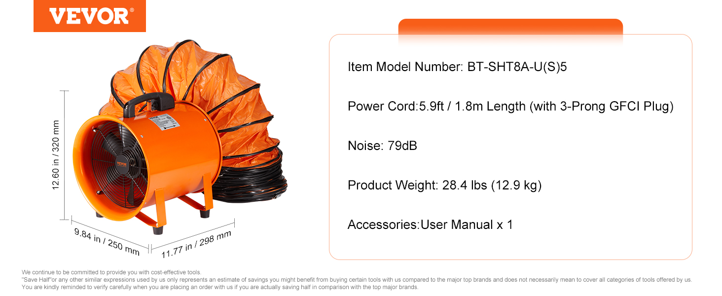 VEVOR portable ventilator with a 5.9ft power cord, 79db noise, and 28.4 lbs weight. model: bt-sht8a-u(s)5