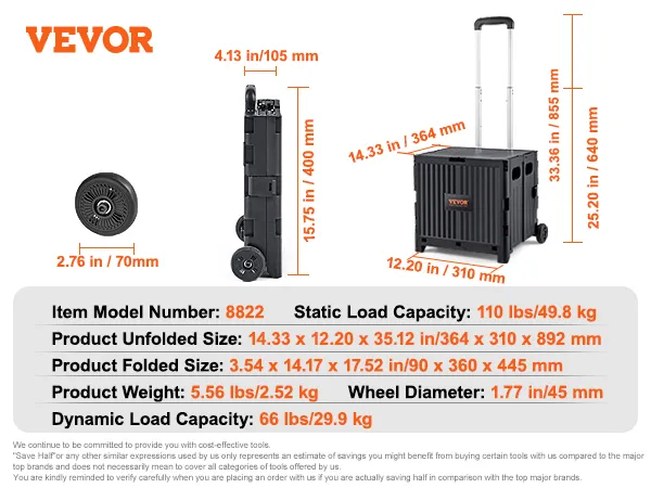 VEVOR foldable utility cart with detailed measurements, load capacities, and specifications, model 8821.