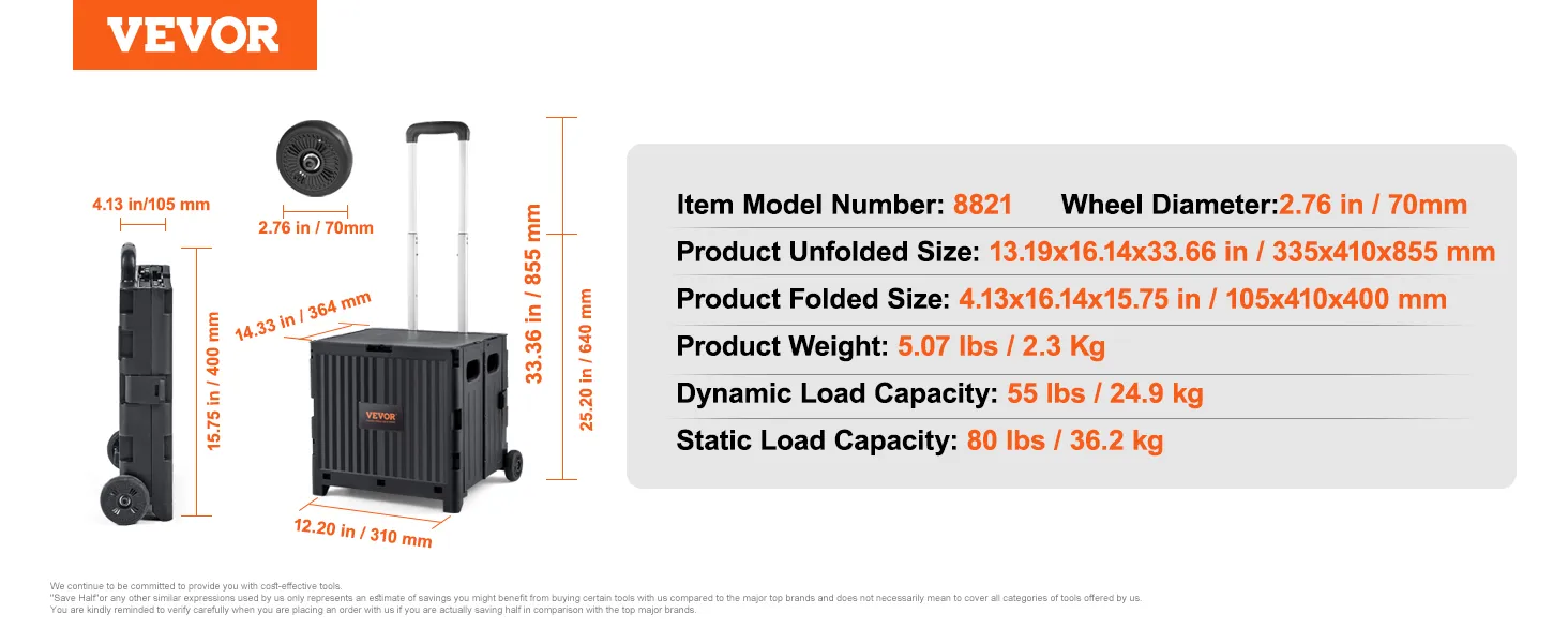 VEVOR foldable utility cart with detailed measurements, load capacities, and specifications, model 8821.