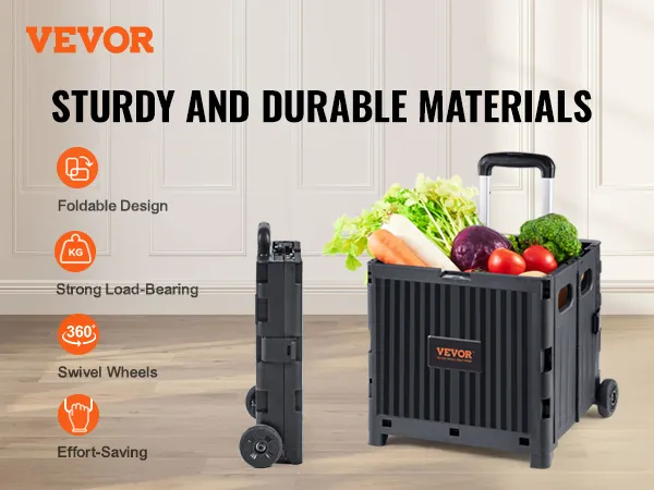 VEVOR foldable utility cart with swivel wheels, loaded with groceries, showcasing foldable design.