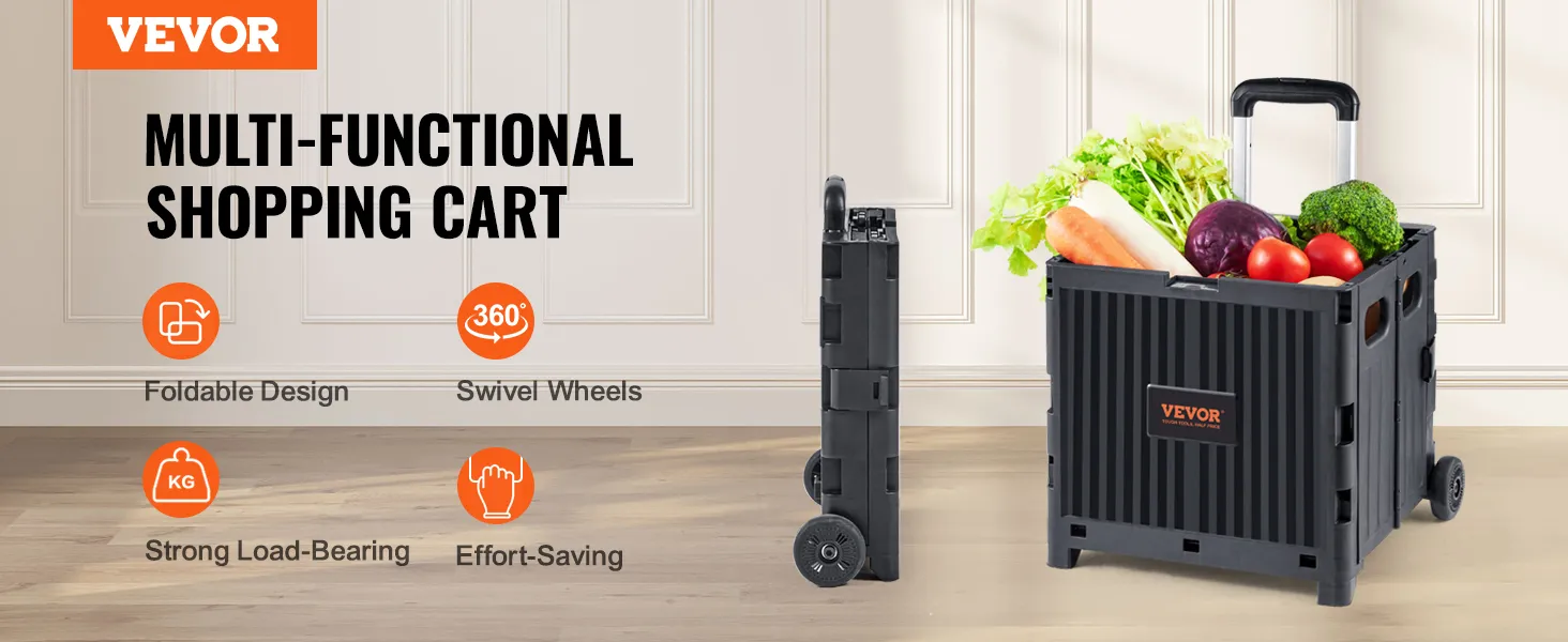 VEVOR foldable utility cart with swivel wheels, loaded with groceries, showcasing foldable design.