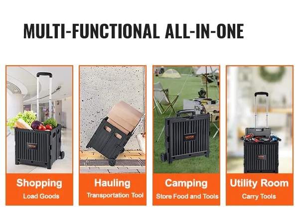 VEVOR foldable utility cart for shopping, hauling, camping, and utility room use, showcasing versatility.
