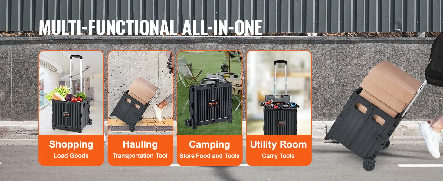 VEVOR foldable utility cart for shopping, hauling, camping, and utility room use, showcasing versatility.