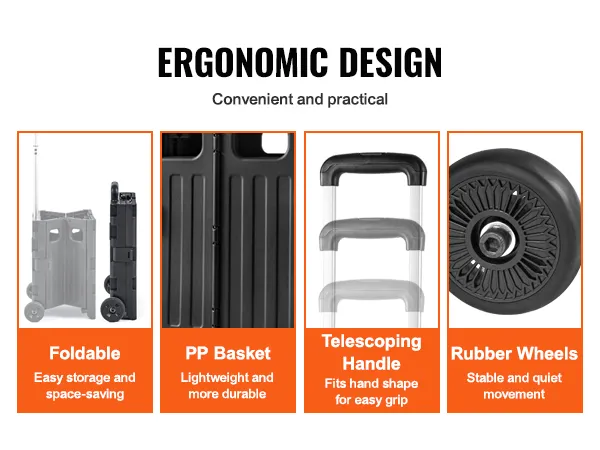ergonomic VEVOR foldable utility cart with telescoping handle, rubber wheels, and durable pp basket.