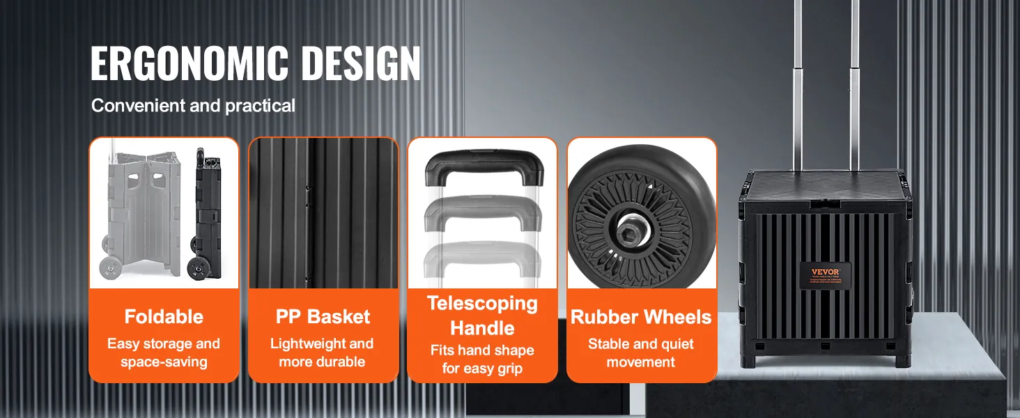 ergonomic VEVOR foldable utility cart with telescoping handle, rubber wheels, and durable pp basket.