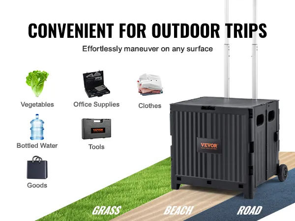 VEVOR foldable utility cart for outdoor trips, maneuver on grass, beach, road; perfect for supplies.