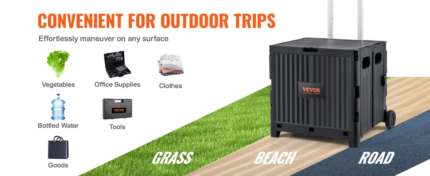 VEVOR foldable utility cart for outdoor trips, maneuver on grass, beach, road; perfect for supplies.