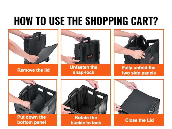 how to use the VEVOR foldable utility cart in 6 steps: remove lid, unfasten lock, unfold panels, set bottom, lock, close lid.