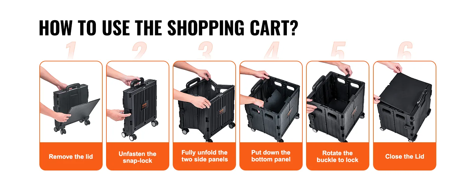 how to use the VEVOR foldable utility cart in 6 steps: remove lid, unfasten lock, unfold panels, set bottom, lock, close lid.