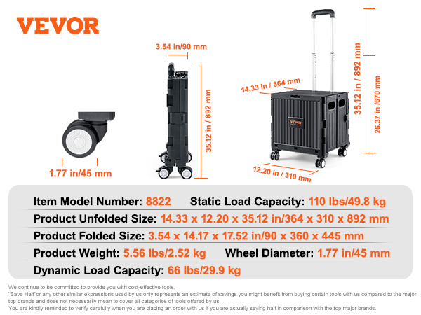 VEVOR foldable utility cart with handle, dimensions, and weight details, model number 8822.
