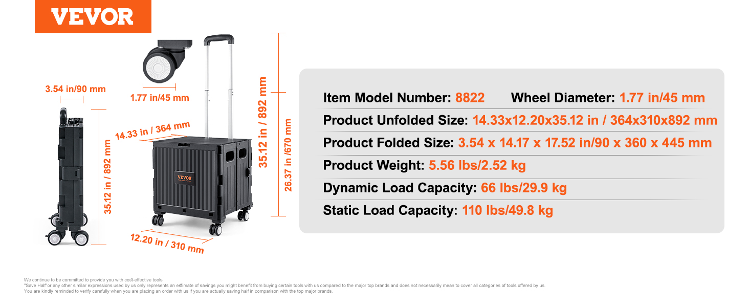 VEVOR foldable utility cart with handle, dimensions, and weight details, model number 8822.