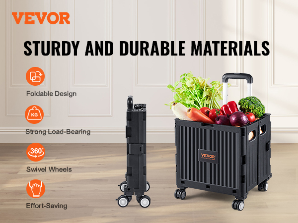 VEVOR foldable utility cart with swivel wheels, strong load-bearing, and effort-saving features.