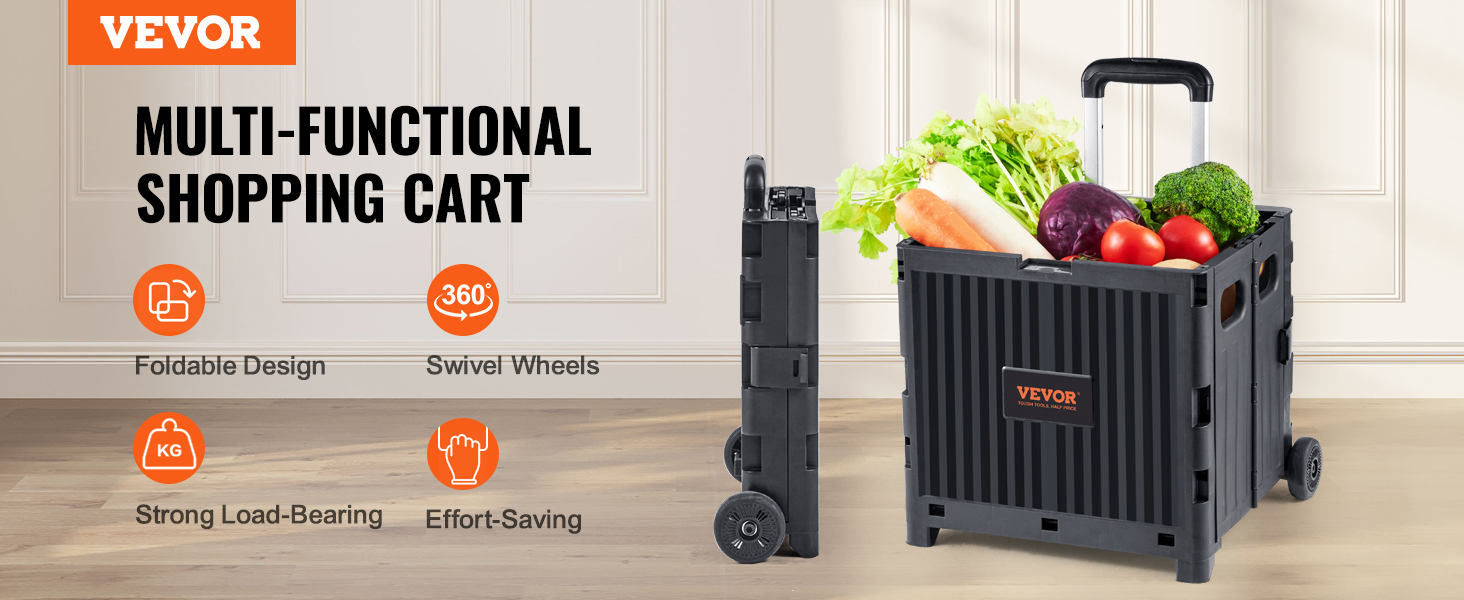 VEVOR foldable utility cart with swivel wheels, strong load-bearing, and effort-saving features.