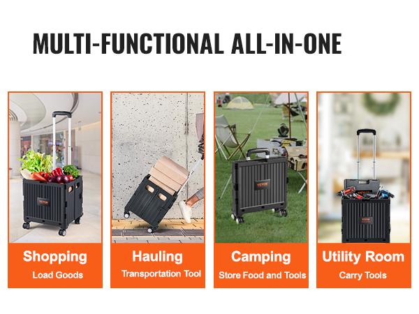 VEVOR foldable utility cart for shopping, hauling, camping, and utility room use, showcasing versatility.