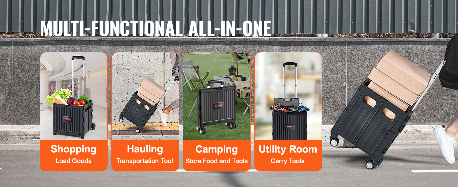 VEVOR foldable utility cart for shopping, hauling, camping, and utility room use, showcasing versatility.