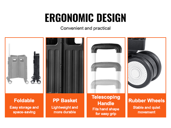 VEVOR foldable utility cart with foldable design, pp basket, telescoping handle, and rubber wheels.