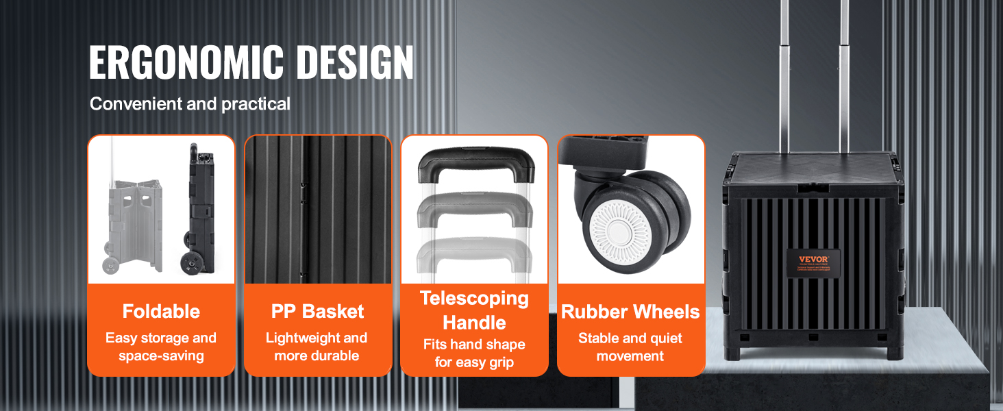 VEVOR foldable utility cart with foldable design, pp basket, telescoping handle, and rubber wheels.