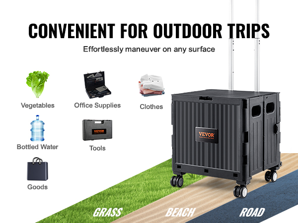 VEVOR foldable utility cart on grass, beach, and road with various items for convenient outdoor trips.