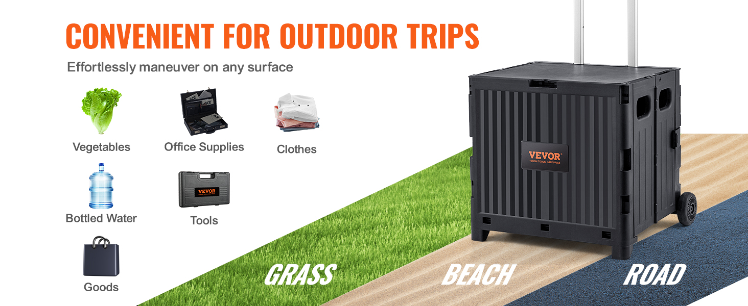 VEVOR foldable utility cart on grass, beach, and road with various items for convenient outdoor trips.