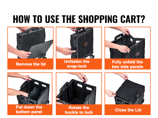 step-by-step guide to assemble VEVOR foldable utility cart: remove lid, unfold panels, secure.