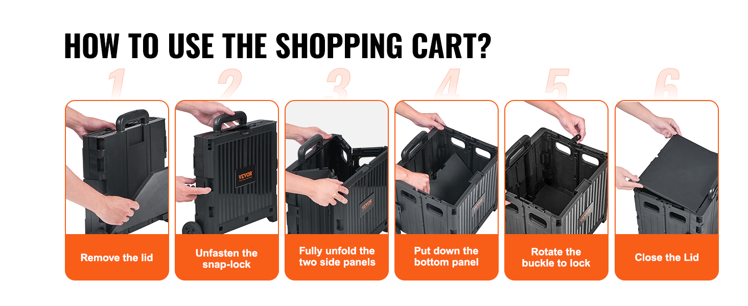 step-by-step guide to assemble VEVOR foldable utility cart: remove lid, unfold panels, secure.