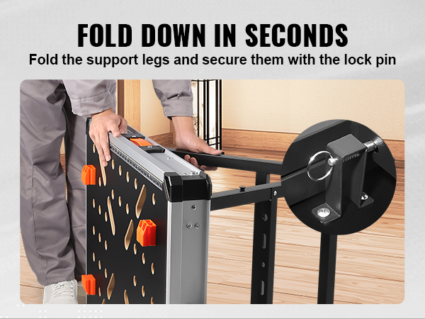 folding support legs of the VEVOR folding work table and securing with a lock pin for quick setup.
