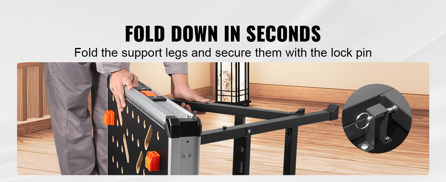 folding support legs of the VEVOR folding work table and securing with a lock pin for quick setup.