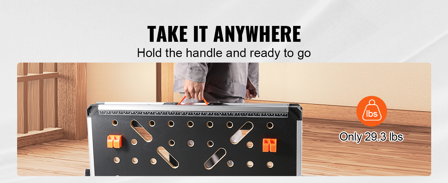 VEVOR folding work table, easy to carry with handle, lightweight only 29.3 lbs, ready to go anywhere.