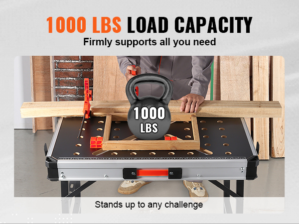 VEVOR folding work table with 1000 lbs load capacity supports heavy-duty tasks.