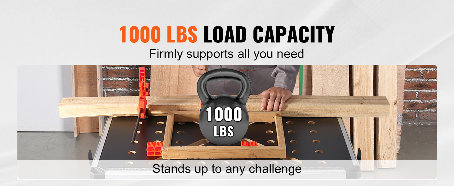 VEVOR folding work table with 1000 lbs load capacity supports heavy-duty tasks.