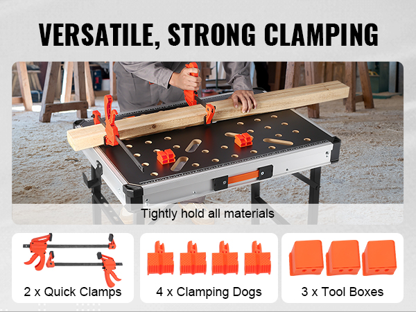 VEVOR folding work table with quick clamps, tool boxes, and clamping dogs for versatile strong clamping.