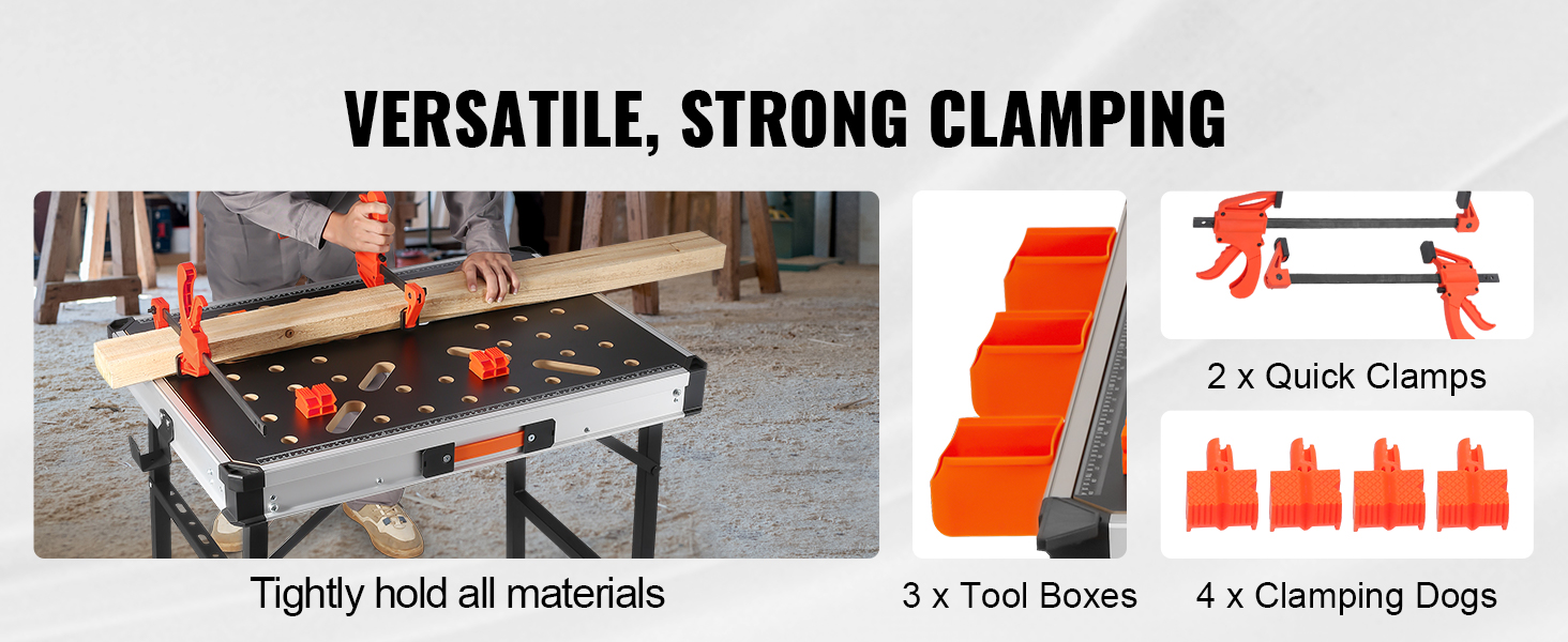 VEVOR folding work table with quick clamps, tool boxes, and clamping dogs for versatile strong clamping.