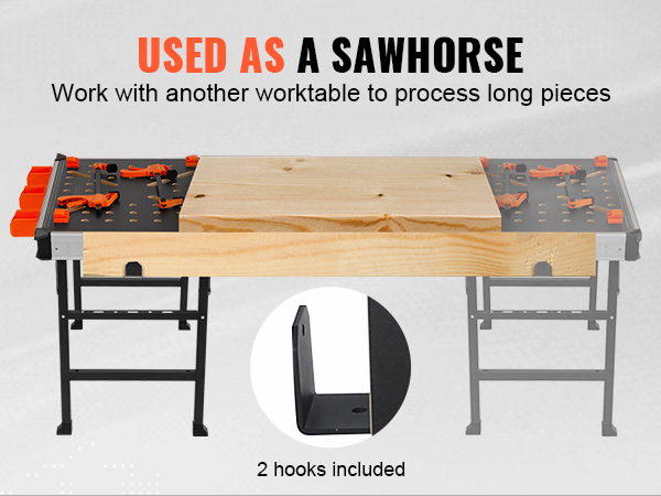 VEVOR folding work table used as a sawhorse, with wood slab and included hooks.
