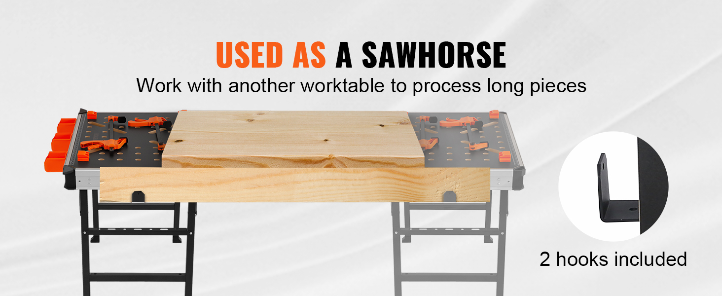 VEVOR folding work table used as a sawhorse, with wood slab and included hooks.