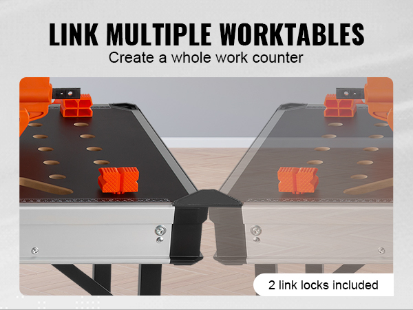 VEVOR folding work table with link locks for connecting multiple worktables into a larger work counter.